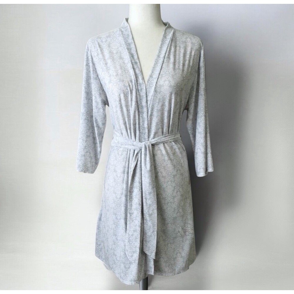 Rene Rofe Sleepwear Soft Knit Belted Kimono Robe Grey White Damask Sz Large